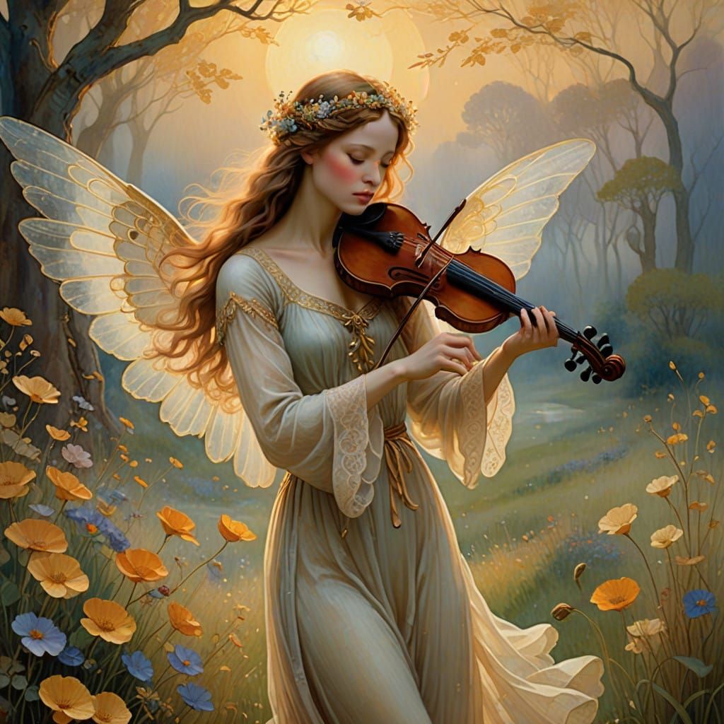 Angel Plays Violin in Soft, Golden Light