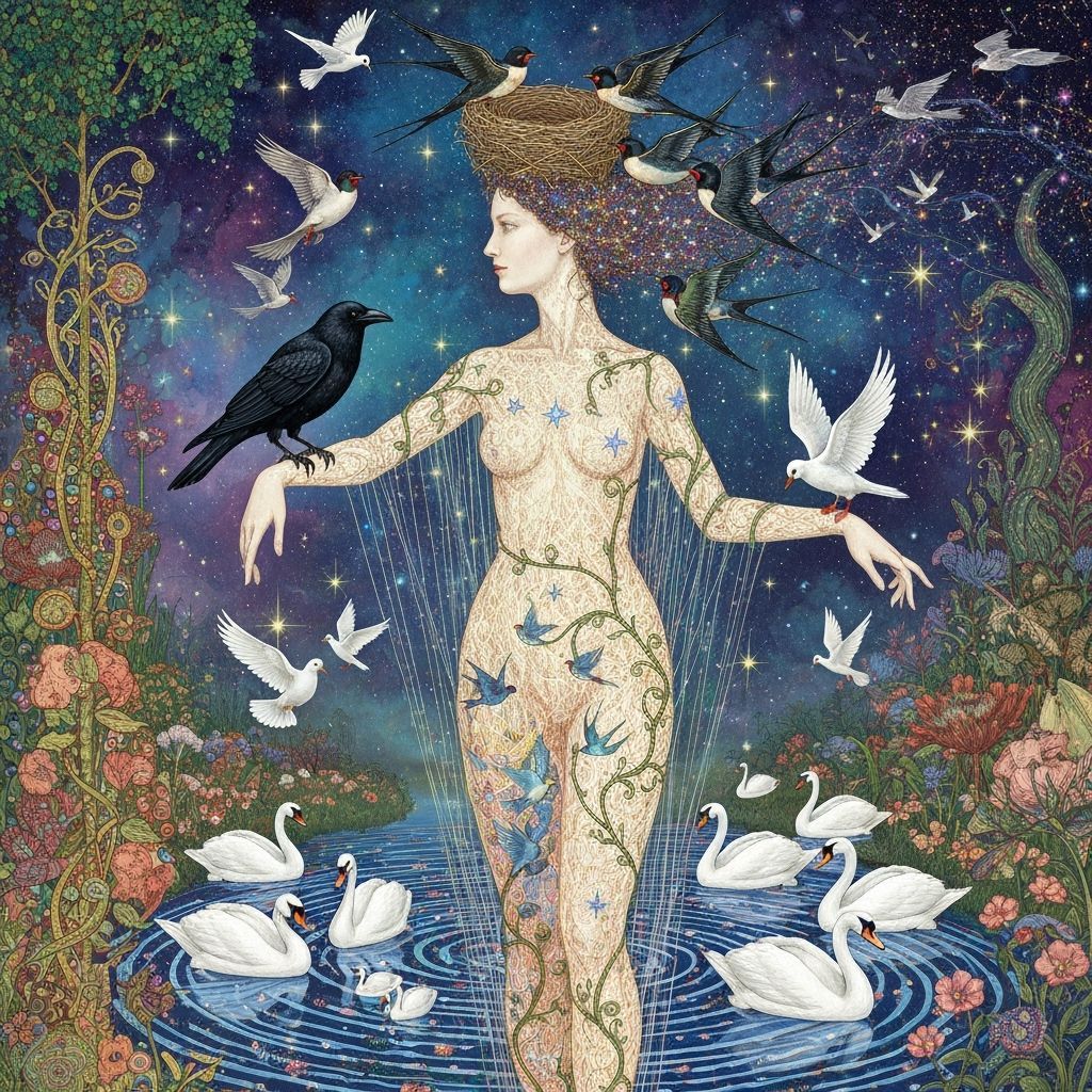 Ethereal Woman Dissolving into Birds Amidst Cosmic Energy