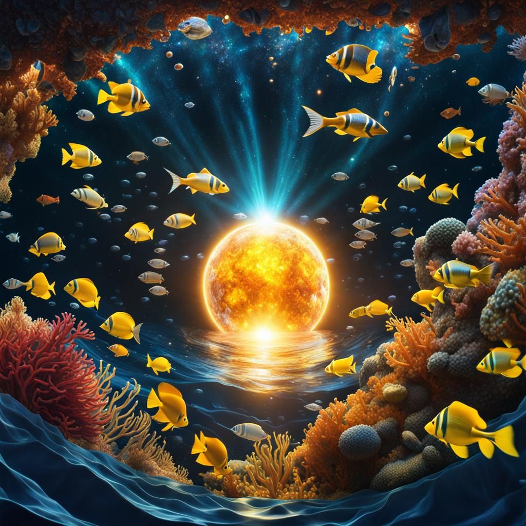 Cosmic Aquarium: Galaxy of Fish in Maximalist Style