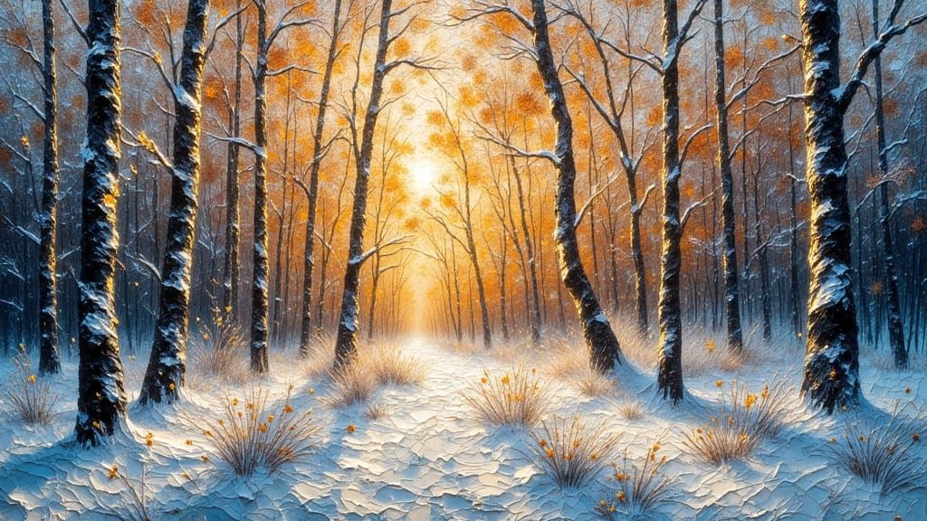 Scandinavian Winter Forest Painting with Expressive Brushstr...