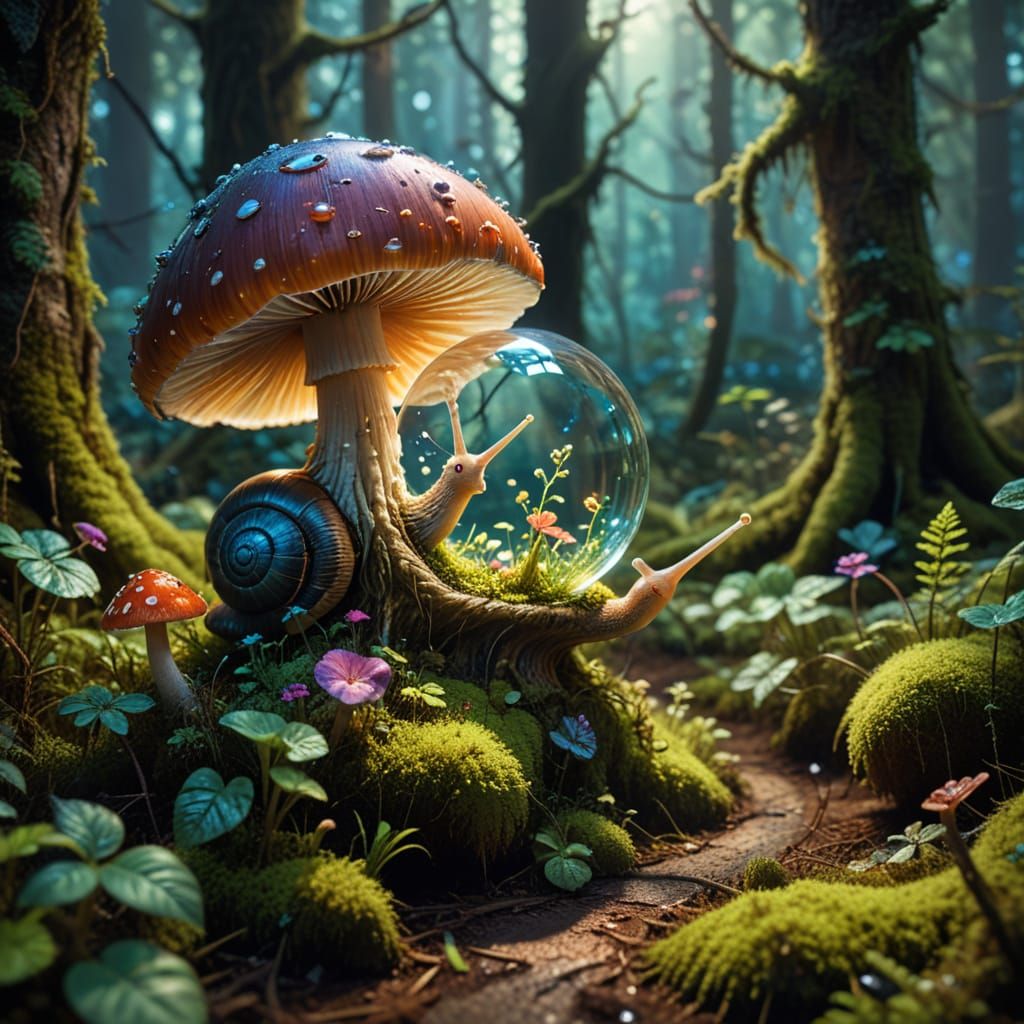 Snail Examines Glowing Mushroom in Enchanted Forest
