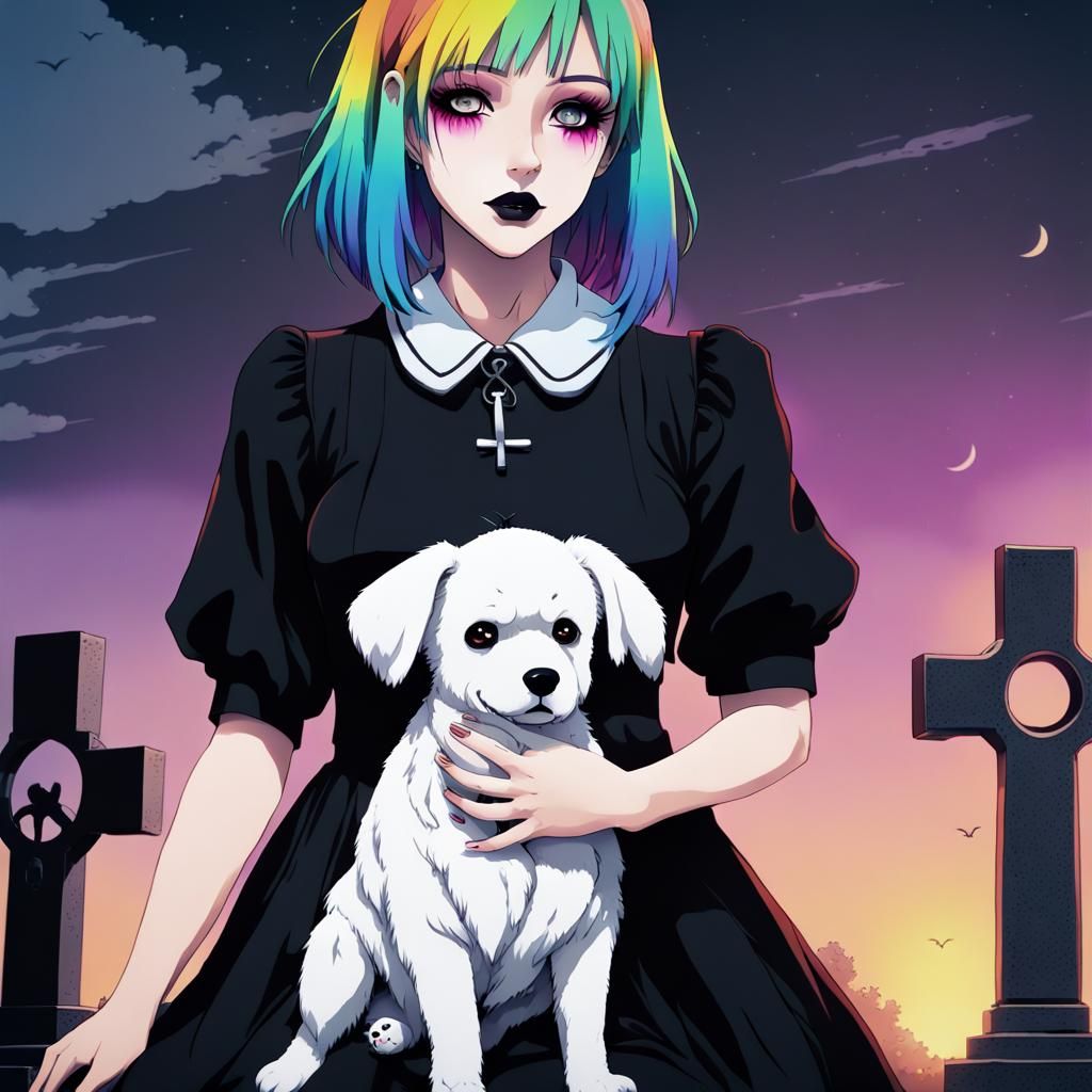 Frightened Goth Girl in Graveyard: Anime Style