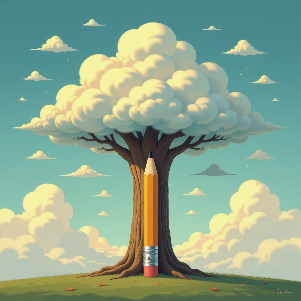 Pencil Tree with Cloud Canopy in Ethereal Digital Art Style