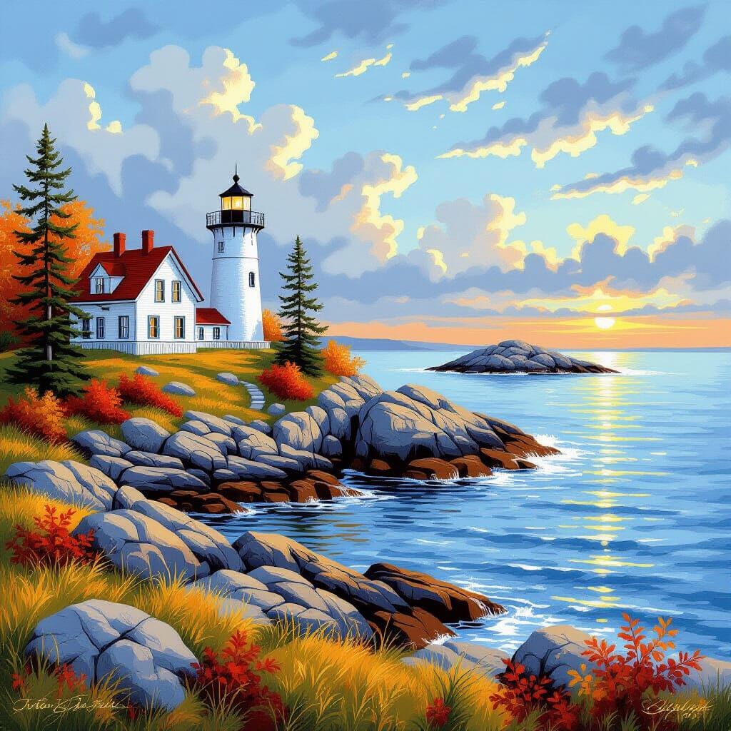 Maine Coastal Landscape with Lighthouse in Autumn Hues