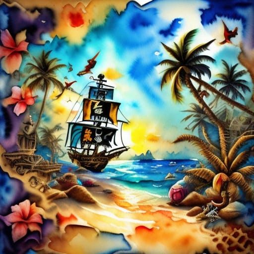 Vibrant Tropical Pirate on Treasure Beach in Watercolor Styl...