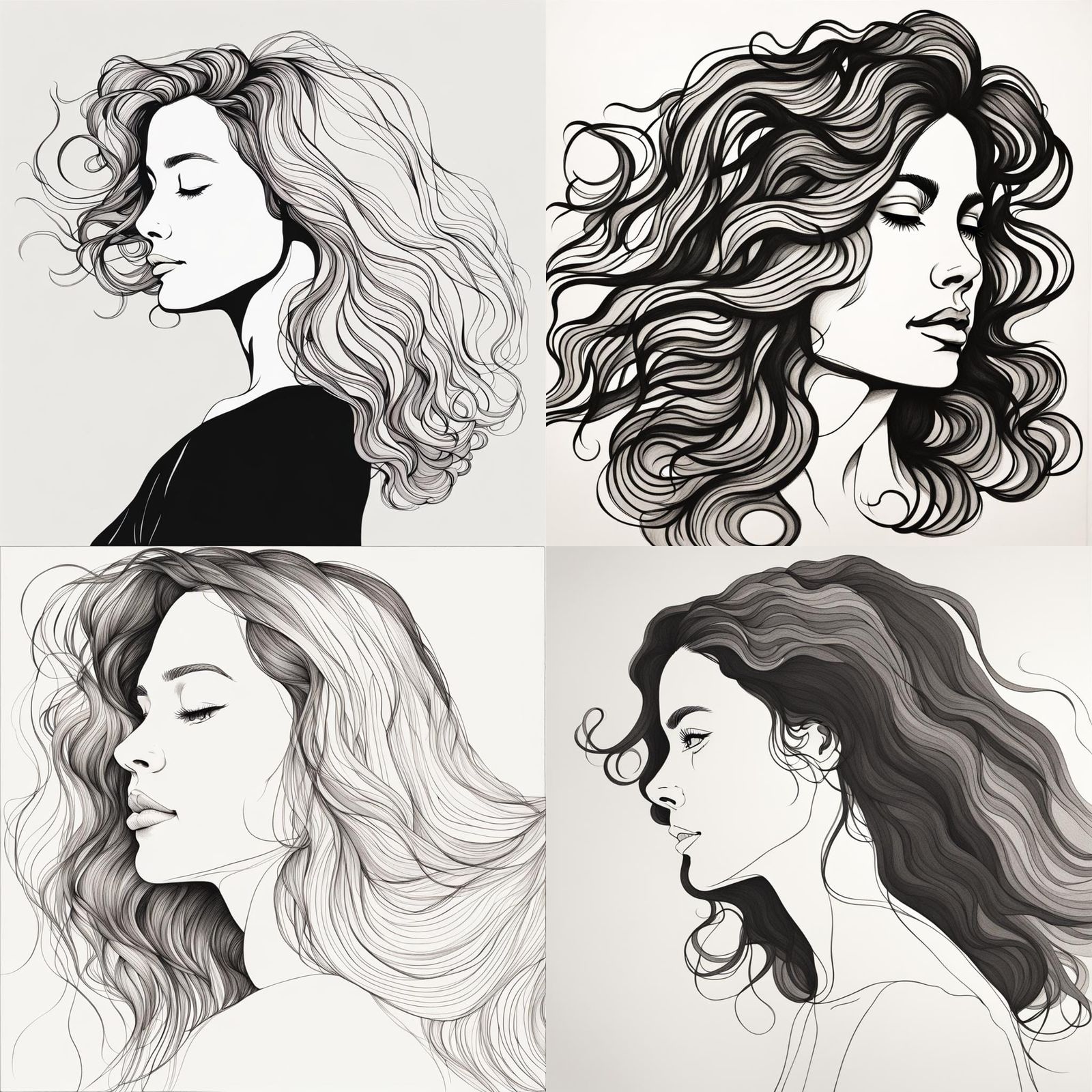 Elegant Ink Drawing of Woman with Flowing Hair