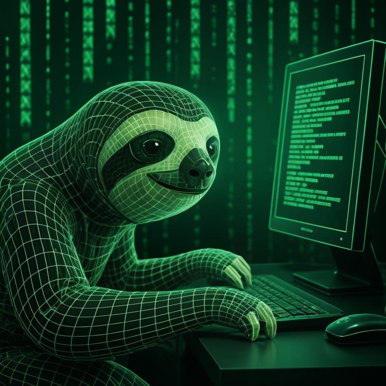 Wireframe Sloth Works on Computer in Matrix Style