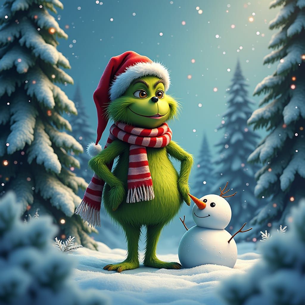 The Grinch and Snowman in Winter Landscape