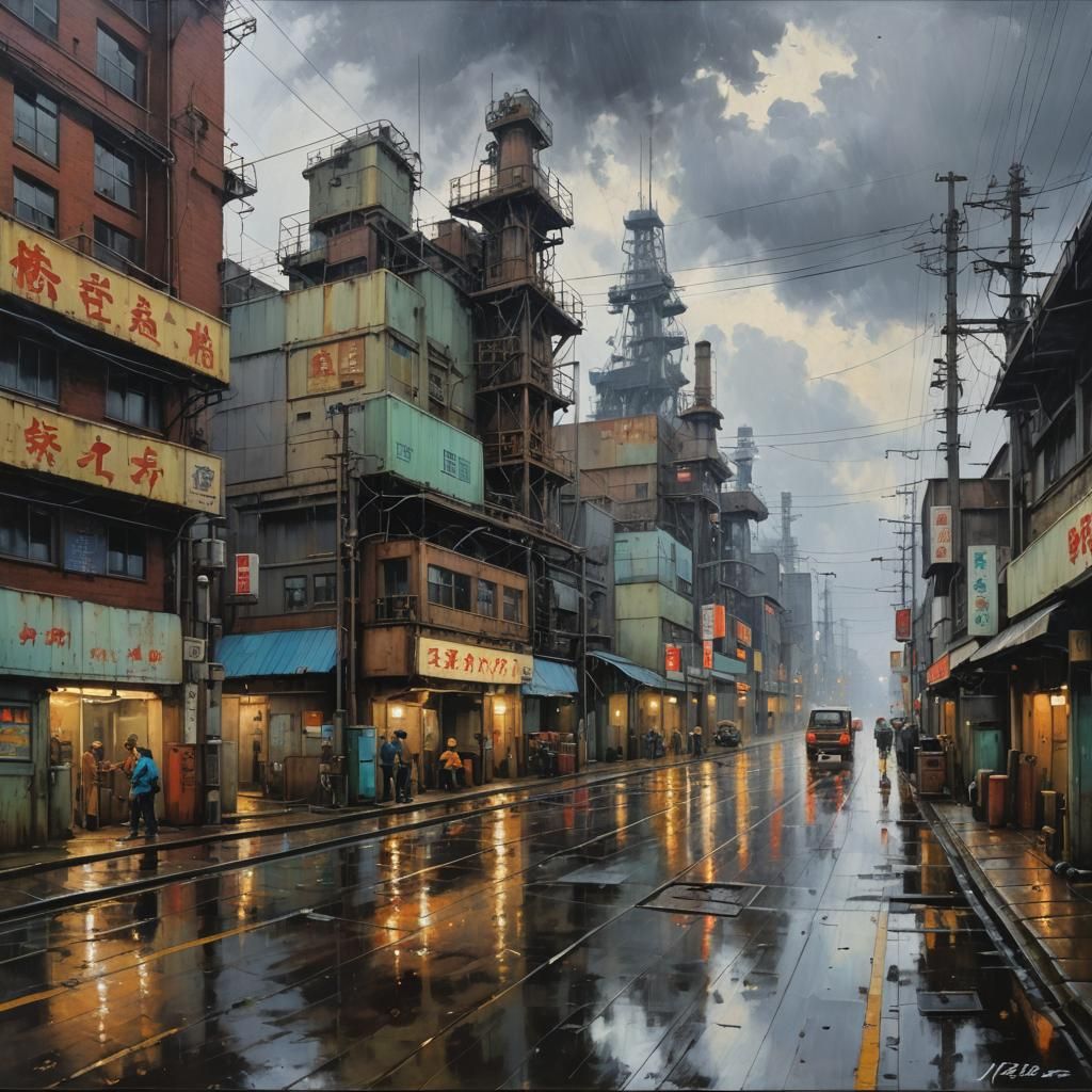 Japanese Industrial Zone in Rainy Weather: Oil Painting