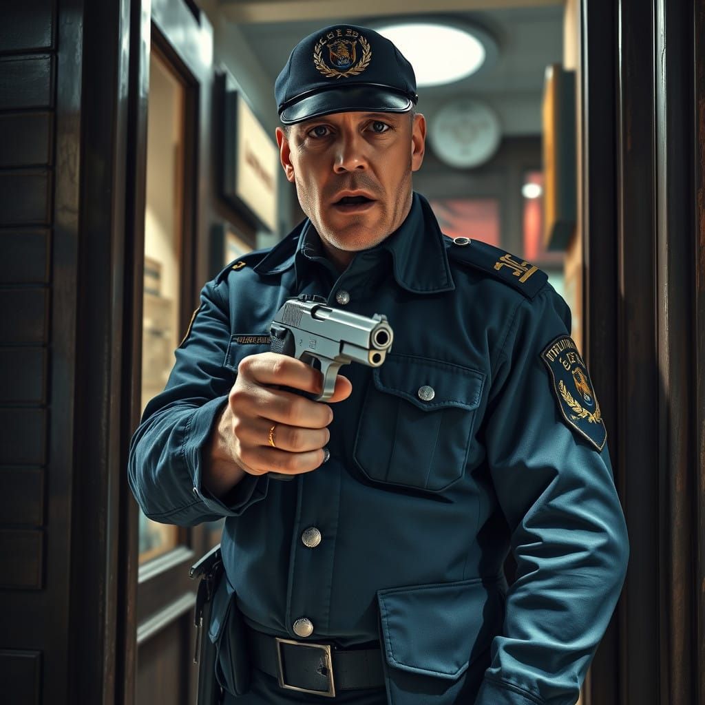 Italian Policeman in Dimly Lit Shop, Hand on Gun