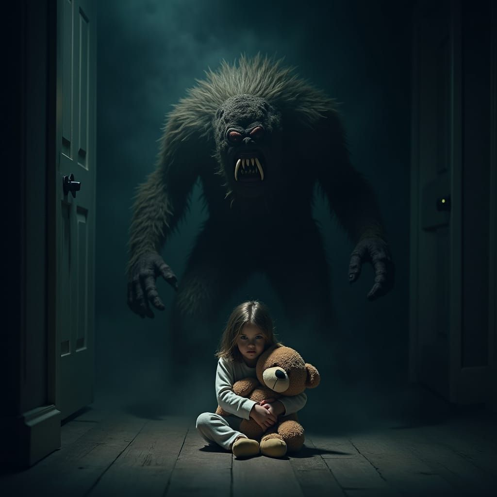 Horror image. Nightmare monster looming over a small girl cl...
