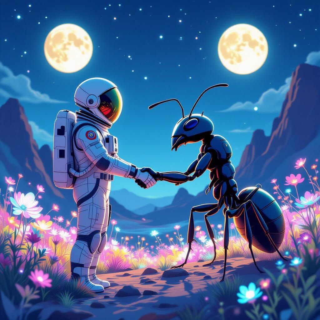 Astronaut and Giant Ant on Alien Planet
