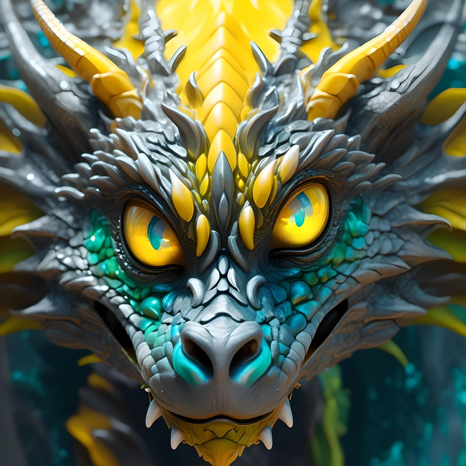 >. A close up of,a bright yellow and grey baby Dragons Face,...