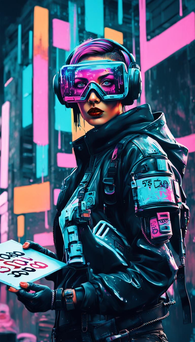 Cyberpunk Lady Holding Sign in Graffiti Street Art