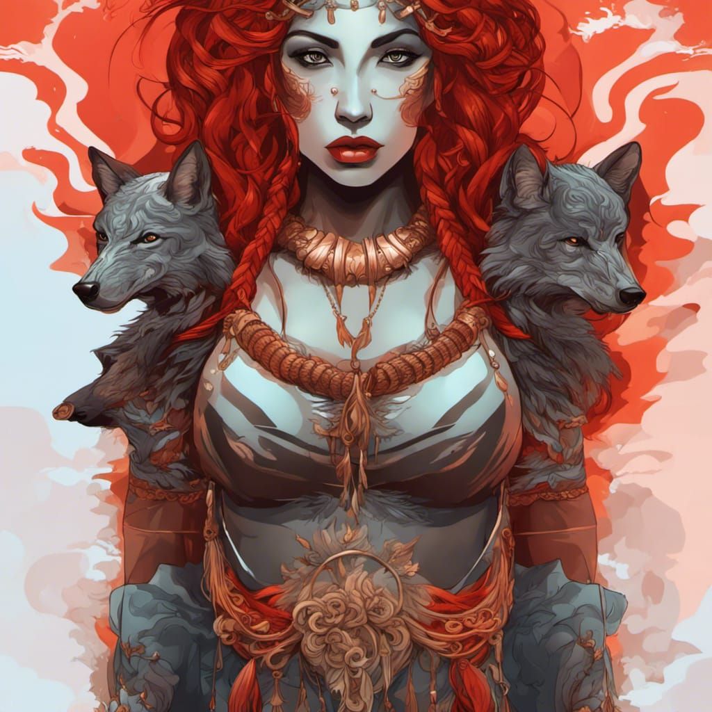 Red-Haired Wolf Goddess in Art Nouveau Style