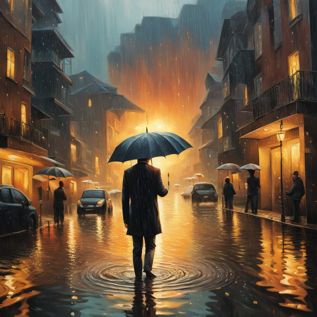 Flooded City: Surreal Oil Painting with Umbrella