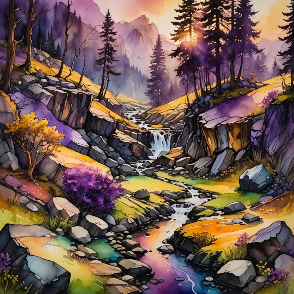 Vivid Wooded Valley with Rocks and Stream