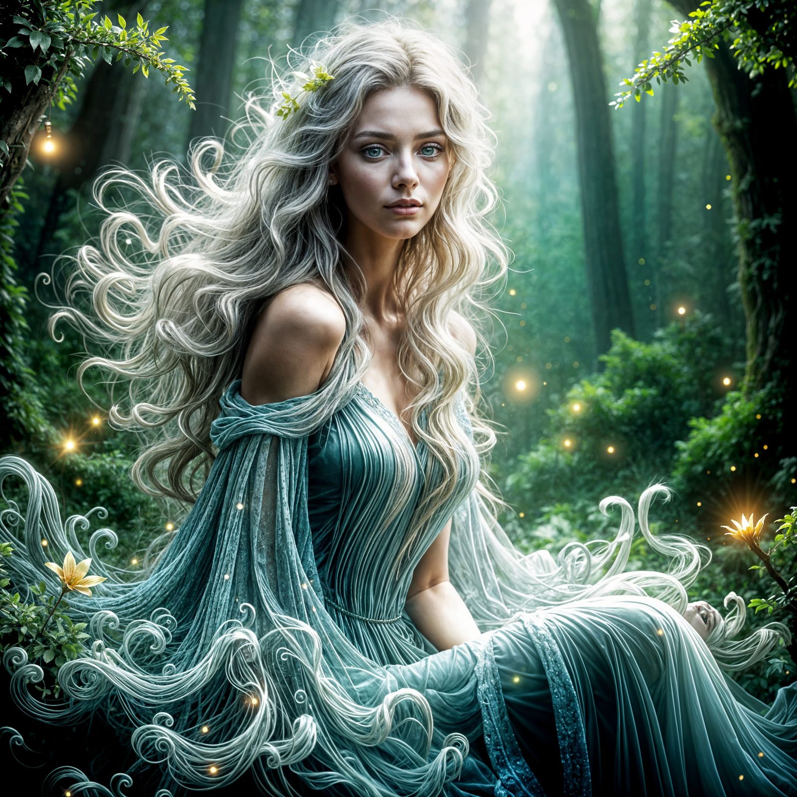 Ethereal Arwen Seated in Verdant Forest