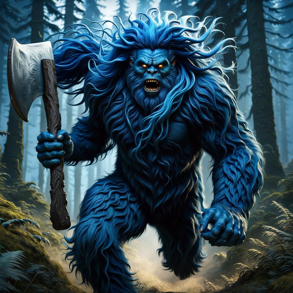 Blue Sasquatch Monster Running with Ax