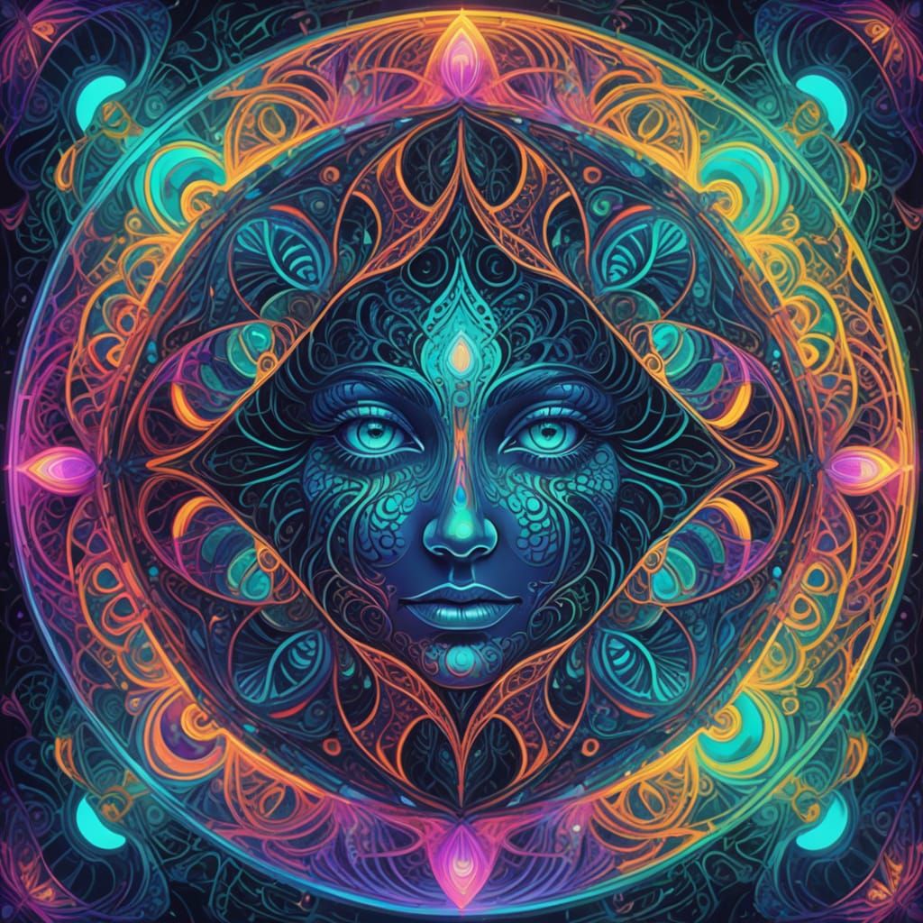 Psychedelic Goddess with Glowing Neon Lines and Fractal Patt...