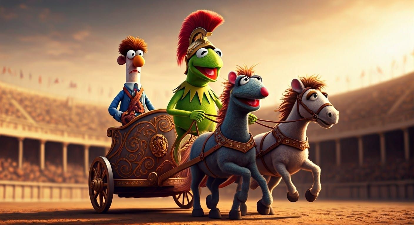 Kermit as Roman Charioteer in Ancient Stadium, Muppet Horses