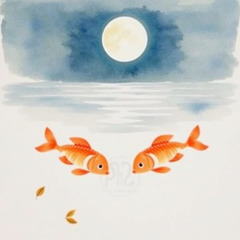 Luminous Watercolor Scene with Gentle Waves and Dreamy Moonl...