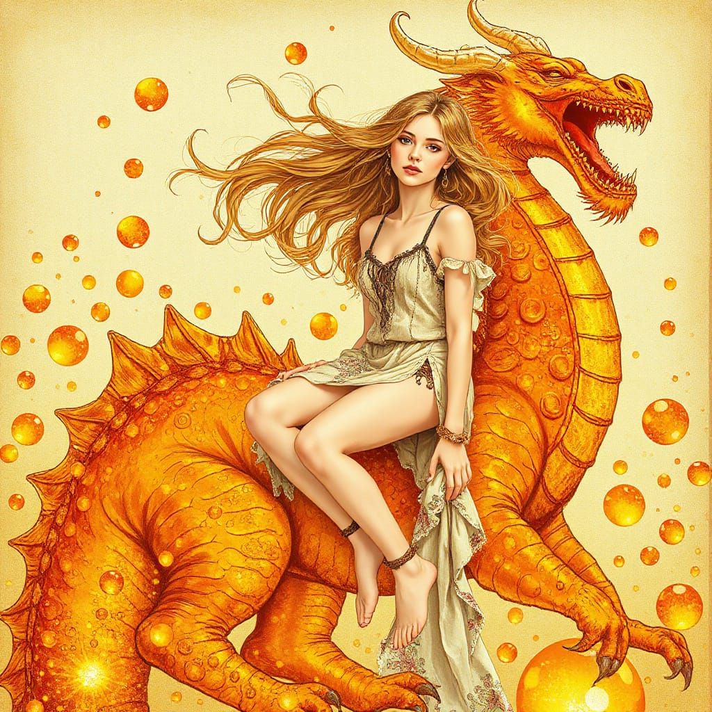 Woman on Gummy Dragon in Effervescent Soda Sea