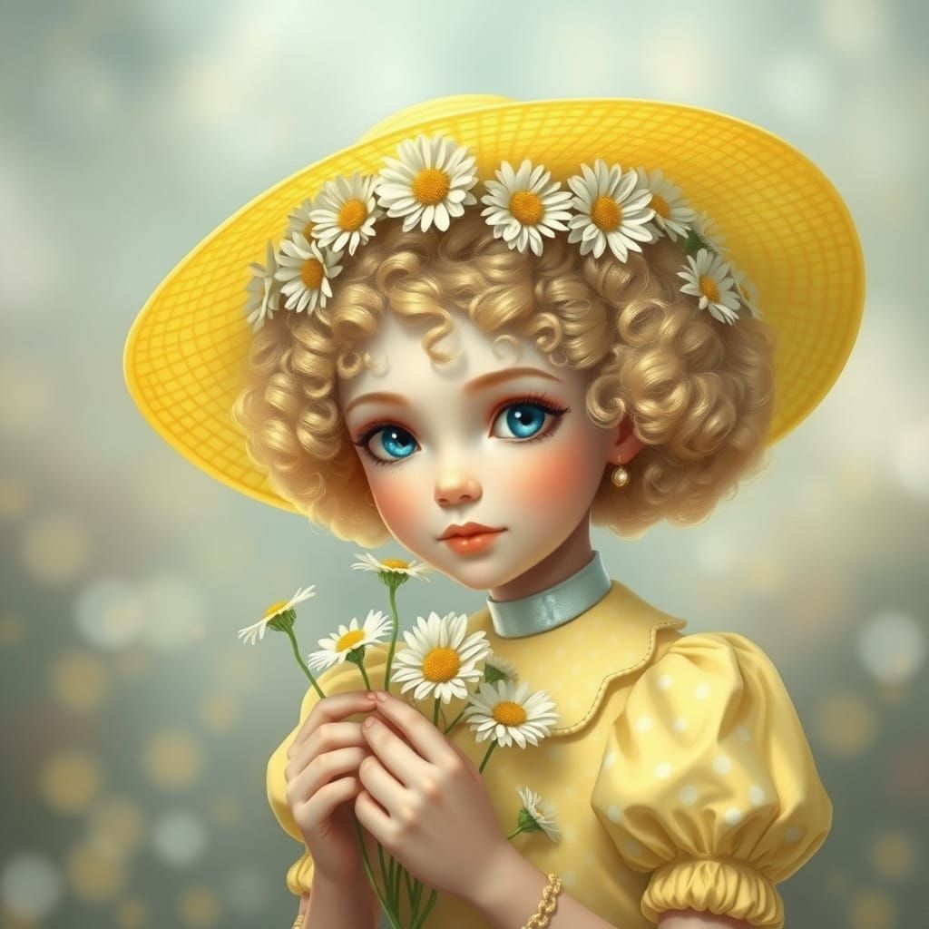 Ethereal Fantasy Woman in Lemon Yellow Dress with Daisy Crow...