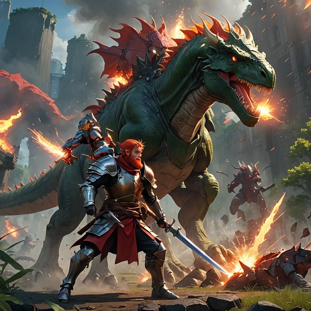 Elf on Dinosaur Battles Knight in Anime Style