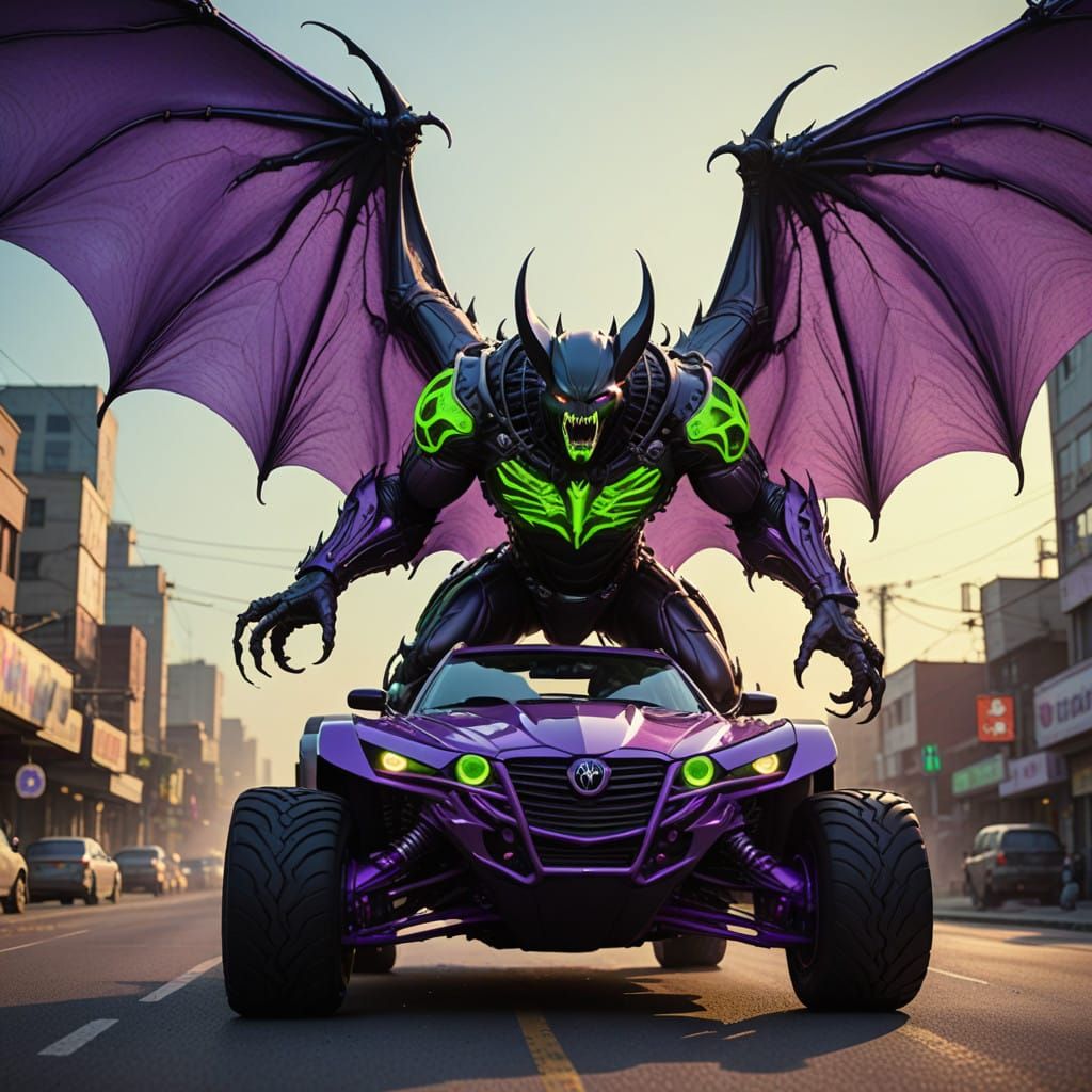 Cybernetic Bat Monster in Mid-Flight, Attacking Vehicle