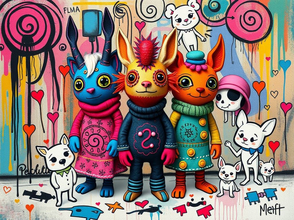Vibrant felted creatures, surrounded by doodle friends, in a...