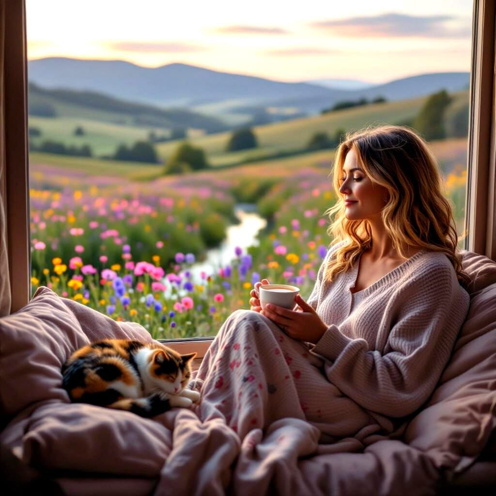 Realistic Portrait of Woman Enjoying Tea With Sleeping Cat