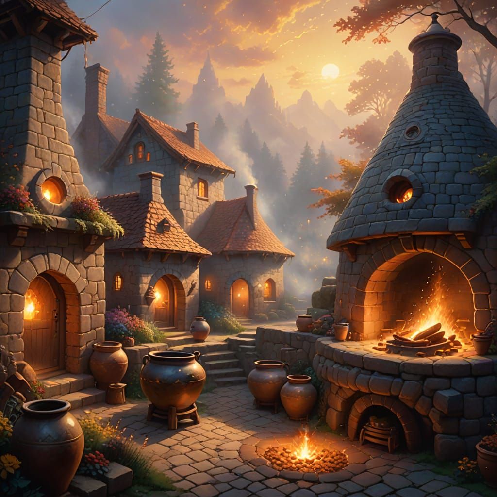 Ethereal Kiln Firing Pottery in Kinkade Style