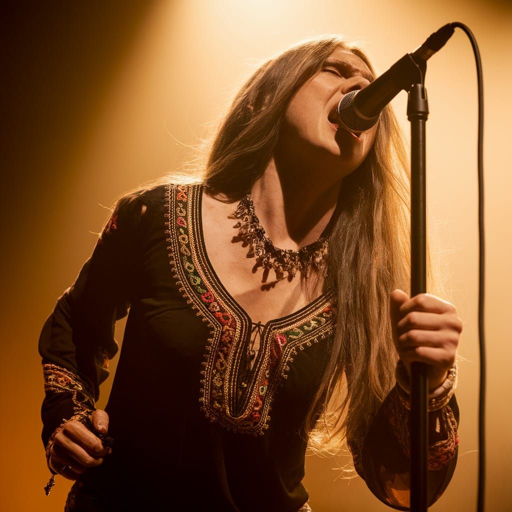 Janis Joplin Performance Photo in Bohemian Style
