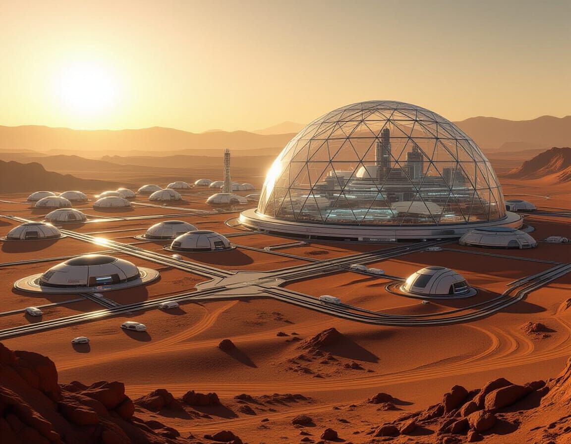 Sprawling Mars Colony Under Giant Dome, Photorealistic