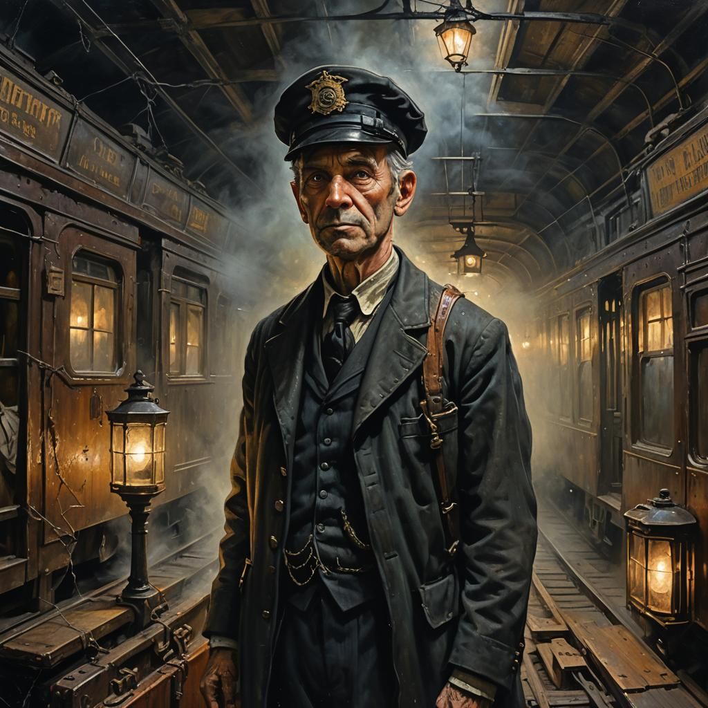 Ghostly Conductor in Abandoned Station as Oil Painting