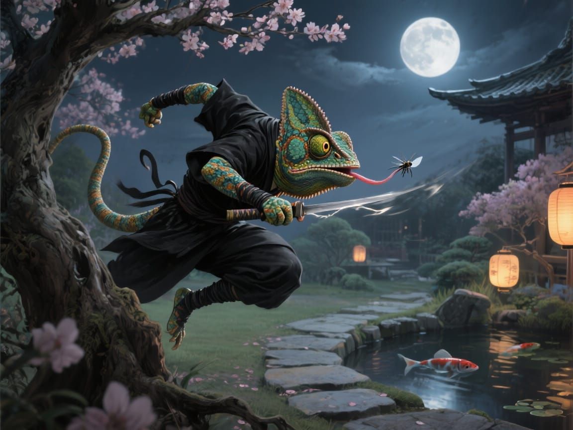 Chameleon Ninja in Moonlit Garden: Hyperrealistic Illustrati...