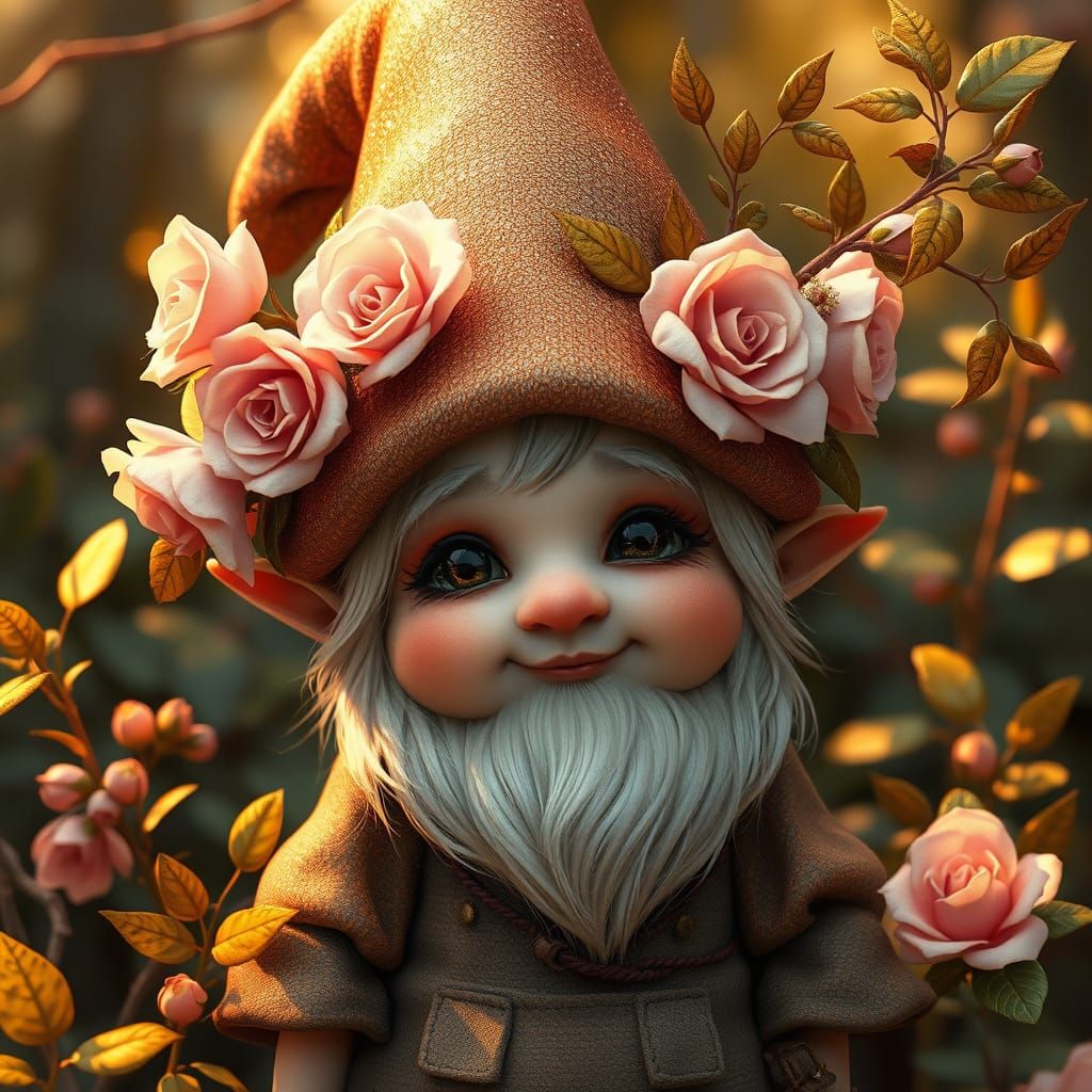 a fantasy gnome wearing a sparkling copper hat adorned with ...
