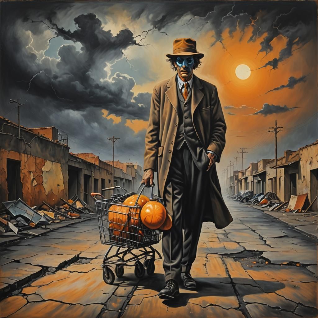 Surreal Bum in a Decaying Streetscape