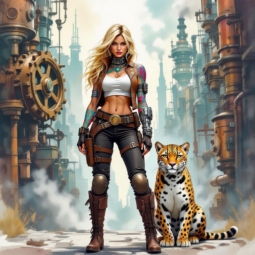 Steampunk Warrior and Leopard in Watercolor Style