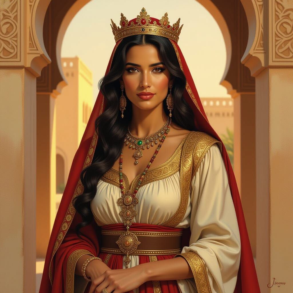Regal Brown Skinned Queen of Tunisia, 1289, Oil Painting