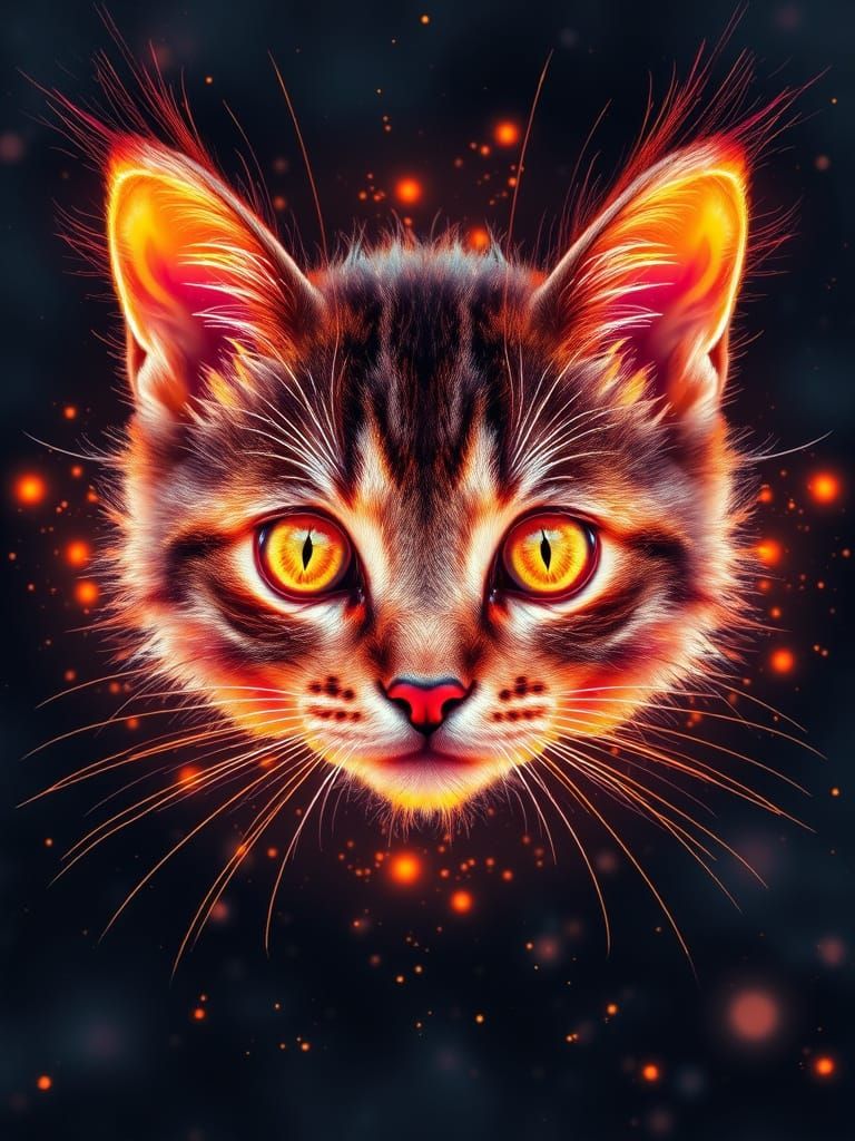 Kitten Face of Glowing Numbers on Cosmic Background