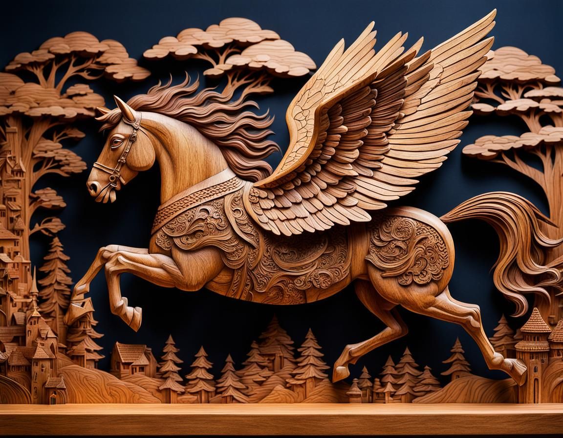 Wooden Carved Pegasus in Flight Fairytale Illustration
