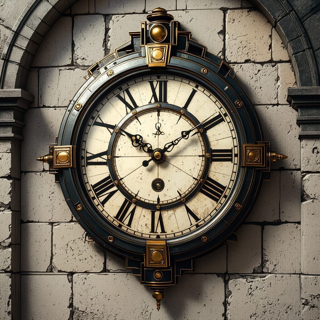 Intricate Clock on Stone Wall in Art Deco Style
