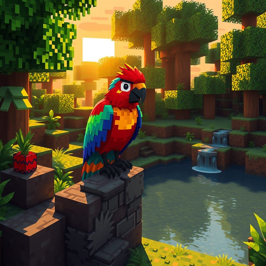 Vibrant Tropical Minecraft Parrot in Blocky Whimsy Style