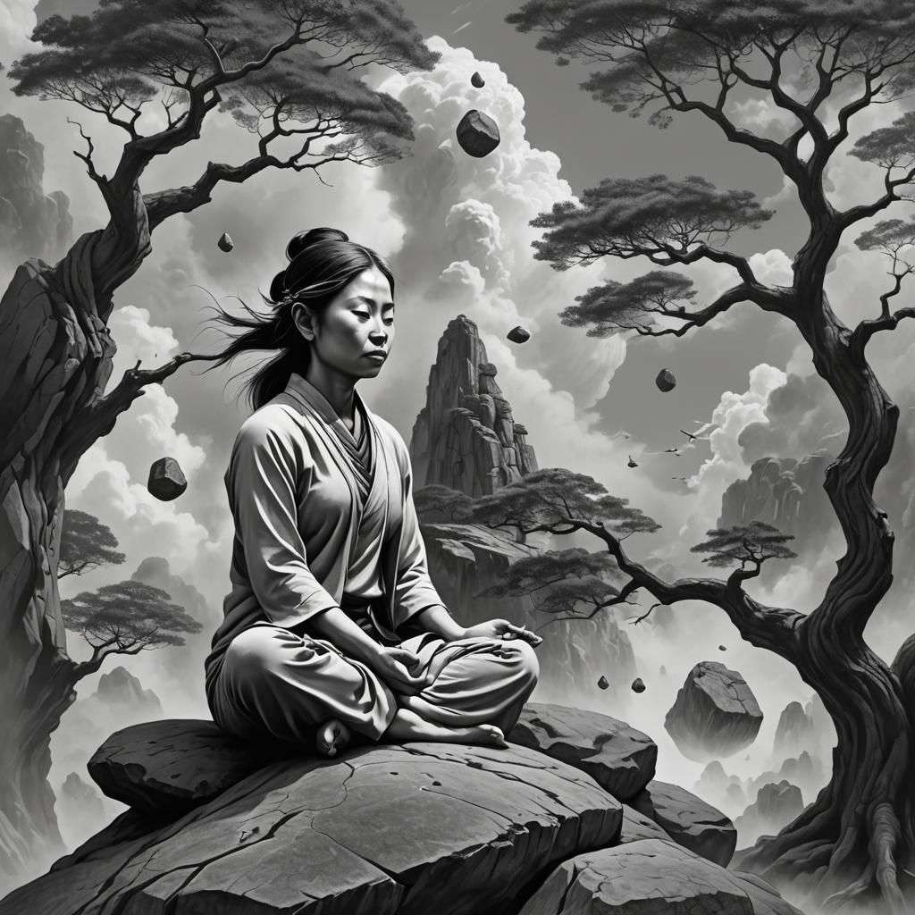 Meditating Yogis on Floating Rocks: Surreal Charcoal Art