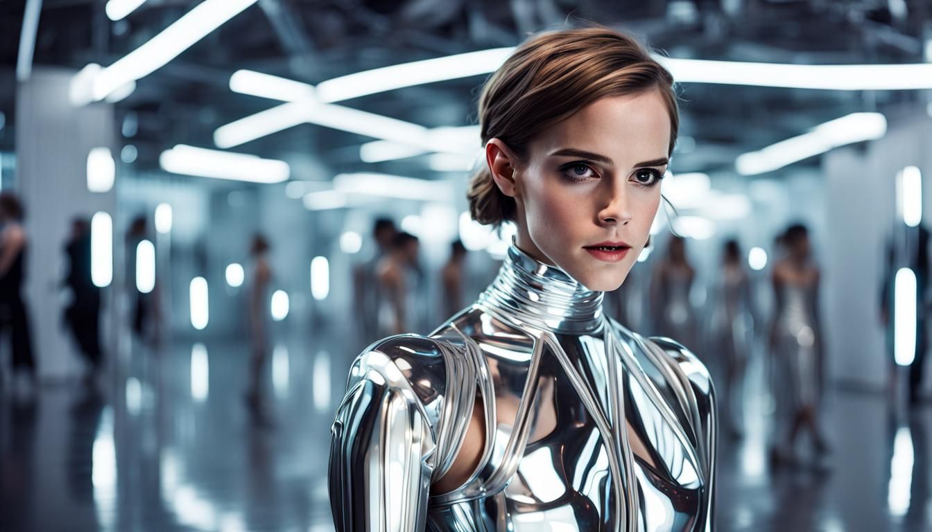 Futuristic Emma Watson in Reflective Latex Wedding Dress