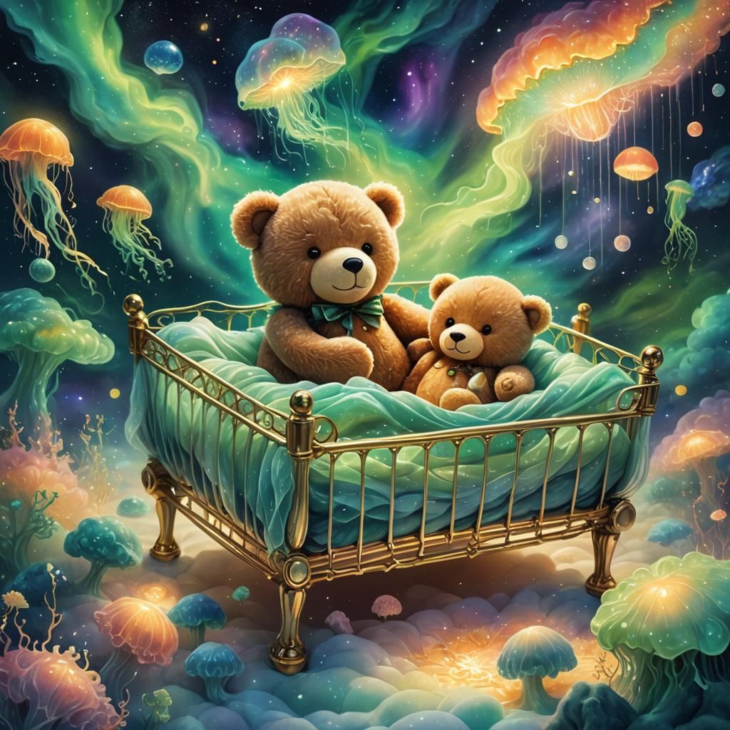 Astral Cosmic Teddy Bear in Dreamy Holographic Illustration