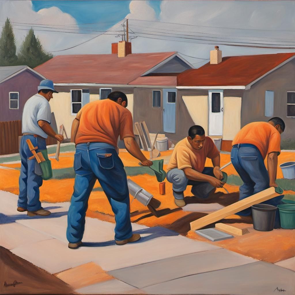 Latino Workers Building Homes: Oil Painting