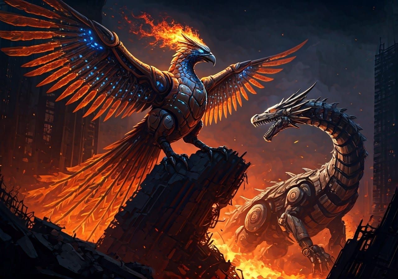 Mechanical Phoenix vs Dragon Mecha in Futuristic Cityscape